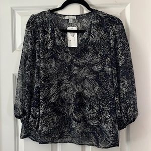 Courtney Split Neck Navy, Blue & White semi-sheer Blouse with camisole